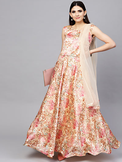 Chhabra 555 Peach Embellished Floral Print Dress with Belt, Dupatta and Cut-out keyhole pattern