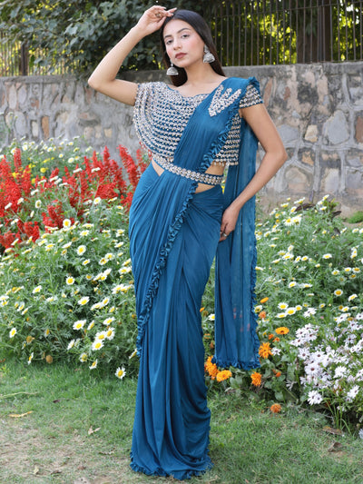 Chhabra 555 Pre-Draped Ruffled Lycra Belted Saree with Cowry Shells & Sequin Embellishments