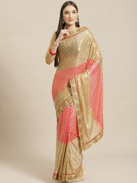 Foil print Beige Coral Traditional Stone Embellished Saree with Fancy Border