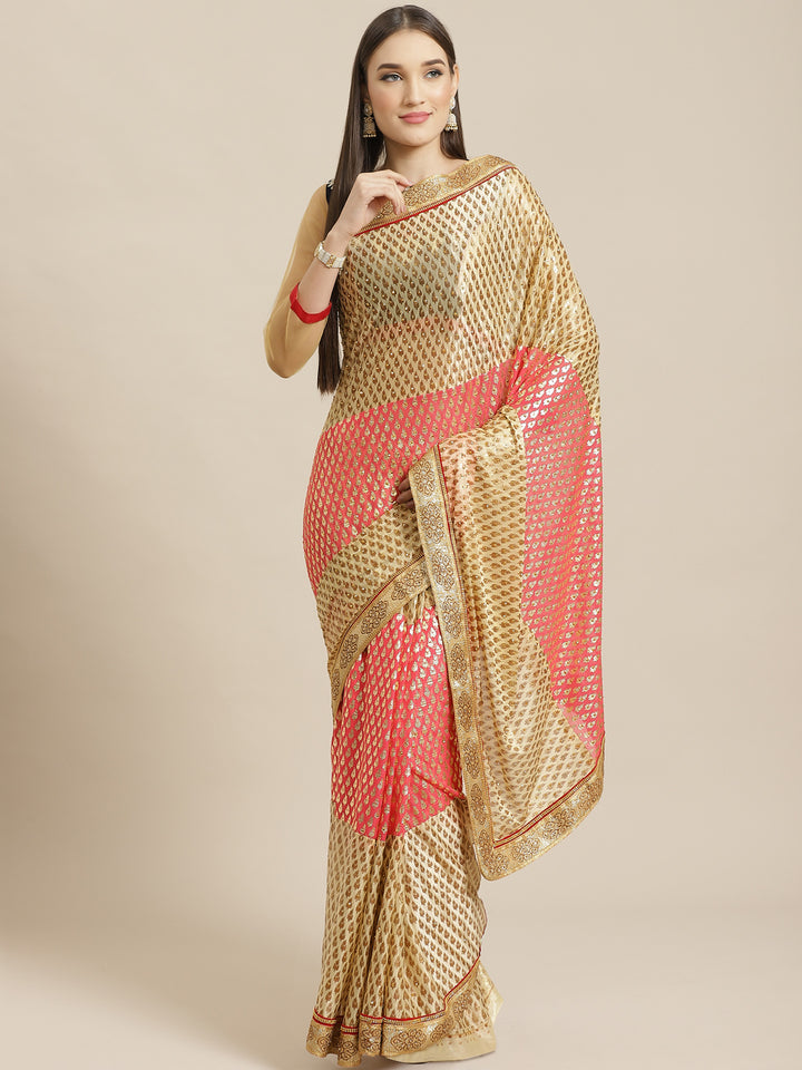 Foil print Beige Coral Traditional Stone Embellished Saree with Fancy Border