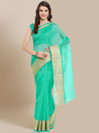 Teal Chanderi Silk Kota saree with Broad Gold border