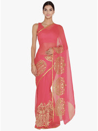 Pink Chiffon Light Weight Saree with Resham Embroidered Tropical Motifs