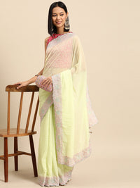 Chhabra 555 Lime Green Rubber Print Georgette Belted Saree With Resham Embroidered Cutwork Border 