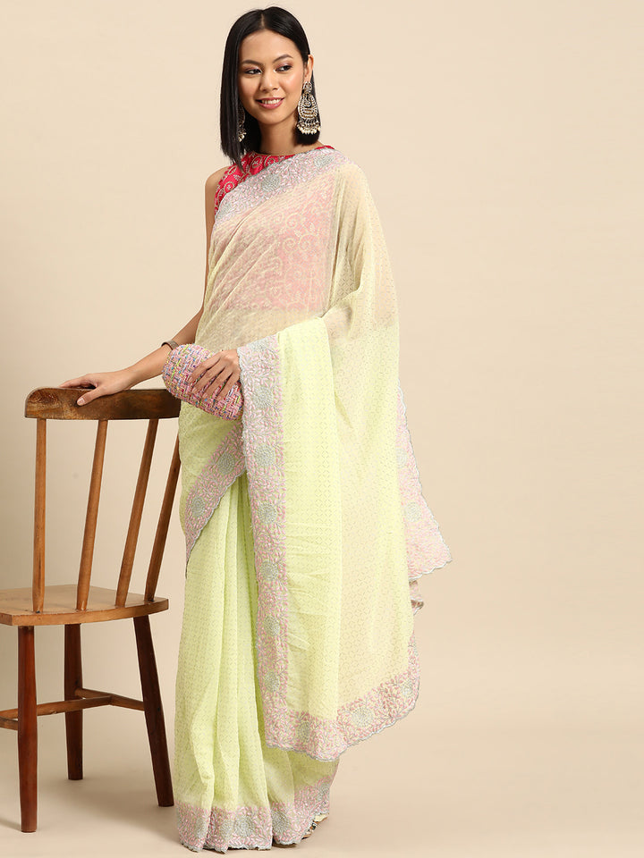 Chhabra 555 Lime Green Rubber Print Georgette Belted Saree With Resham Embroidered Cutwork Border 