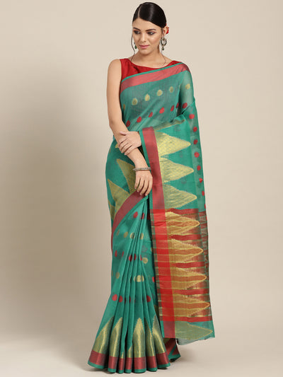 Chhabra 555 Teal Chanderi Silk saree with Zari and Resham weaving in a traditional temple pattern