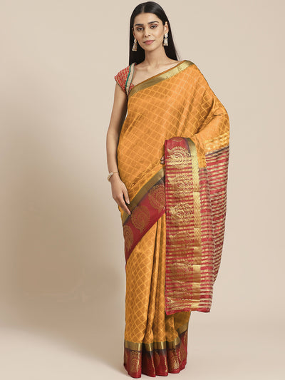 Chhabra 555 Traditional Banarasi Saree with Contrast peacock motif woven border

Color: Mustard

Type: Chanderi Sarees

Pattern: Woven Design

Pattern Type: Abstract

Ornamentation: Zari

Border: Woven Design

Fabric: Silk Cotton

Saree: 5.4 mtr., Width: 1.1 mtr, Blouse: 0.7 mtr
Dry Clean Only

The CAD image gives a detailed look of the actual blouse piece that comes with this saree. The blouse used by the model in the pictures is only for styling purpose.