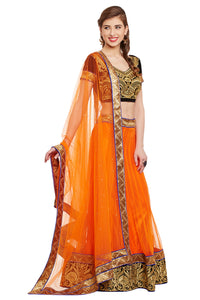 Orange Color Golden Zari work with Orange Dupatta Net unstitched Lehenga
