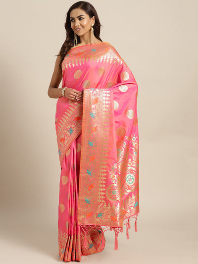 Chhabra 555 PInk Banarasi Handloom Silk Saree with Floral Meenakari pattern and Jhalar