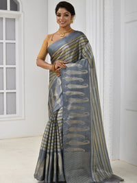 Grey Khadi Cotton Striped Patterned Saree