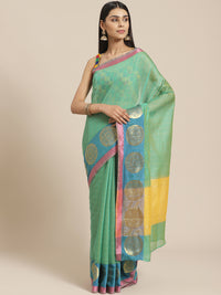 Banarasi Chanderi Checkered Saree with Geometrical Gold Zari Motifs in multicolor Border