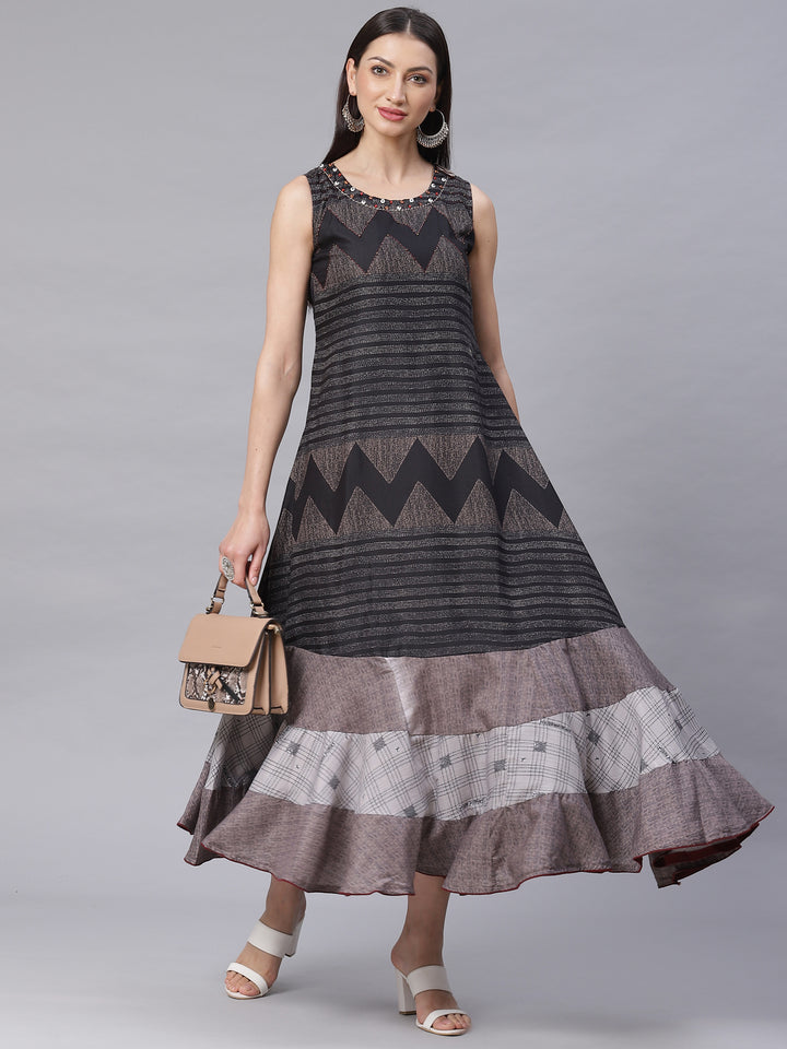 Made to Measure Flared Paneled Dress with Geometrical Prints and Resham Embroidery