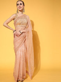 Chhabra 555 Peach Striped Metallic Sequin Embellished Net Saree With Pleated Border 