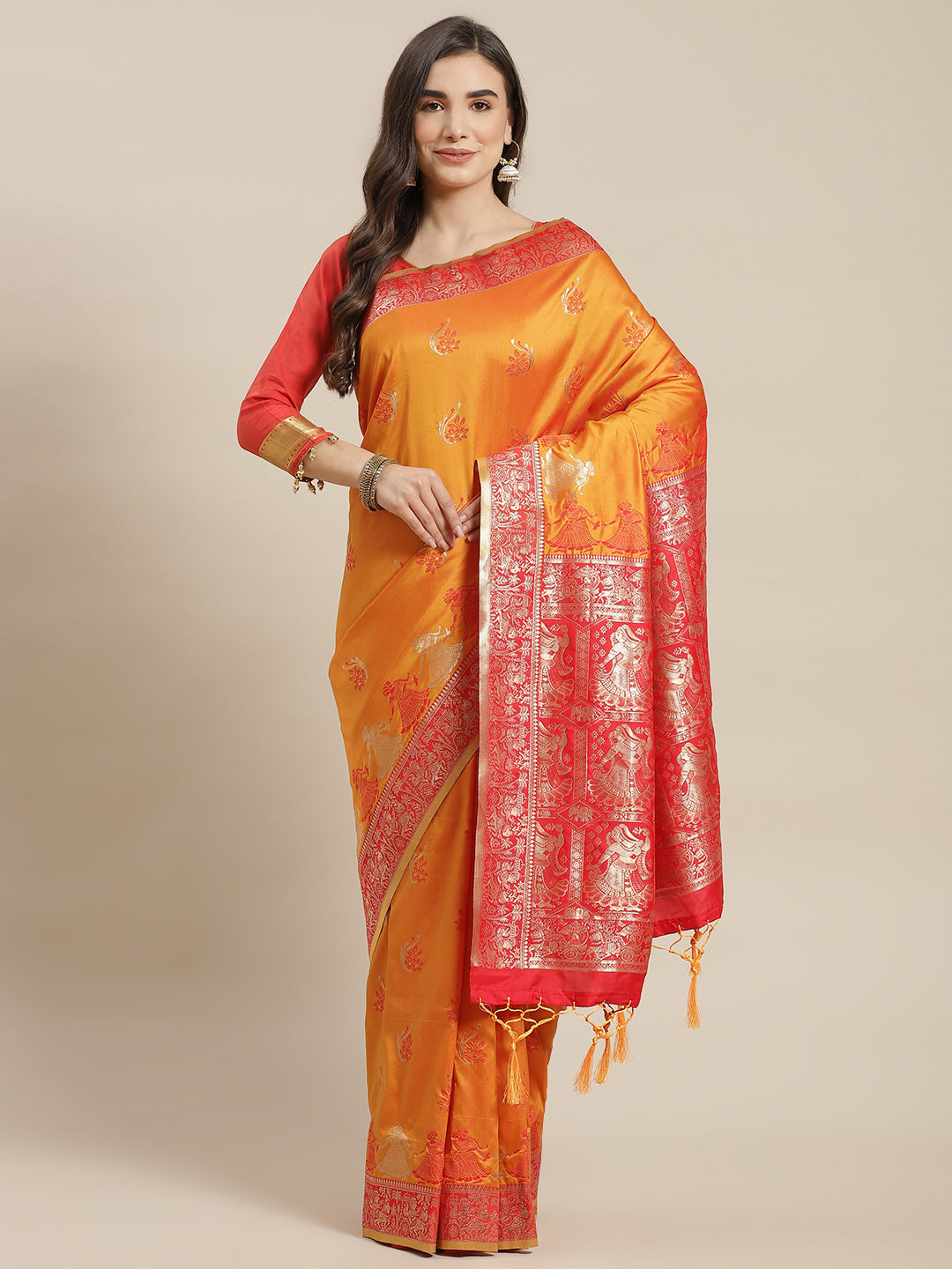 Chhabra 555 Mustard Baluchari Saree with Zari and Resham woven Dancing Pictoral motifs

Color: Mustard & Red

Type: Baluchari Sarees

Pattern: Woven Design

Pattern Type: Warli

Ornamentation: Zari

Border: Woven Design

Fabric: Silk Blend

Saree length: 5.30 mtr., Width: 1.10 mtr, Blouse length: 0.80 mtr
Dry Clean Only

The CAD image gives a detailed look of the actual blouse piece that comes with this saree. The blouse used by the model in the pictures is only for styling purpose.