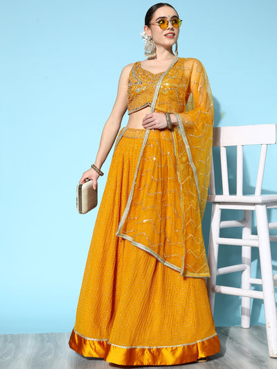 Chhabra 555 Made to Measure Mustard Mukaish Work Embellished Georgette Lehenga & Embroidered Choli 