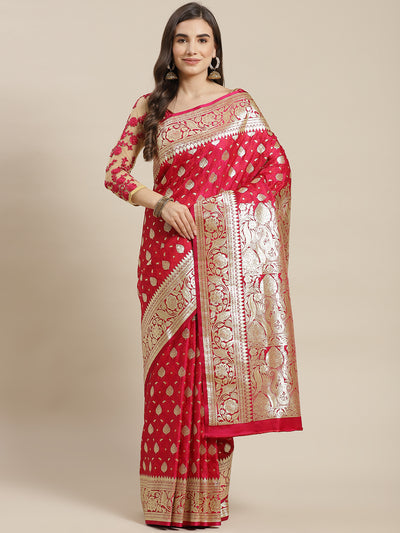 Chhabra 555 Magenta anjeevaram Silk Saree Embellished with Zari Weaving and Embossed Print

Color: Magenta

Type: Kanjeevaram Sarees

Pattern: Woven Design

Pattern Type: Ethnic Motifs

Ornamentation: Zari

Border: Zari

Fabric: Silk Blend

Saree length: 5.50 mtr., Width: 1.10 mtr, Blouse length: 0.80 mtr
Dry Clean Only

The CAD image gives a detailed look of the actual blouse piece that comes with this saree. The blouse used by the model in the pictures is only for styling purpose.