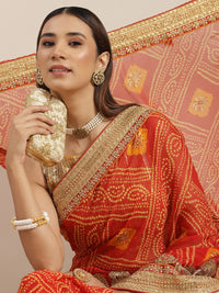 Chhabra 555 Red Bandhani Georgette Bridal Saree with Zari Embroidery & Crystal Embellishments