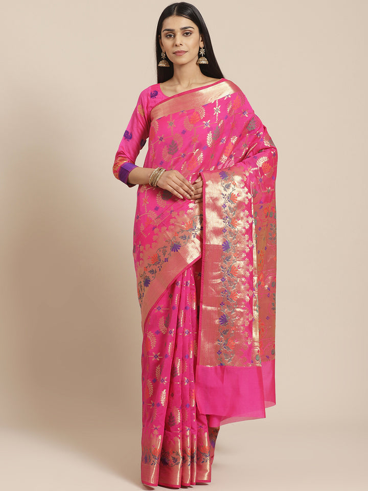 Banarasi Chanderi Saree with Gold Zari & Resham Artistic Motifs & Floral Woven border