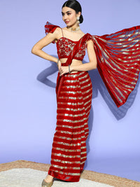 Chhabra 555 Red Stripes Gold Sequinned Bling Embellished Designer Cocktail Georgette Saree