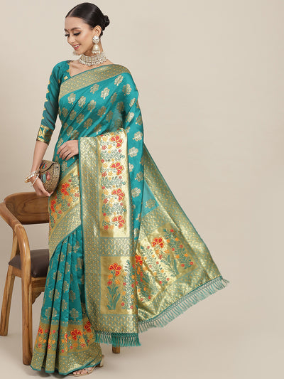 Chhabra 555 Teal Resham Embroidered & Stone Embellished Silk Woven Traditional Banarasi Saree