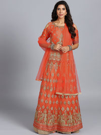 Orange Net Heavy Embroidered Swarovski & Gota Patti Work Embellished Stitched Gown With Net Dupatta