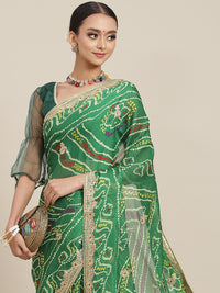 Chhabra 555 Bottle Green Jaipur Bandhani Print Chiffon Saree with Gold Zari & Crystal Embroidery 