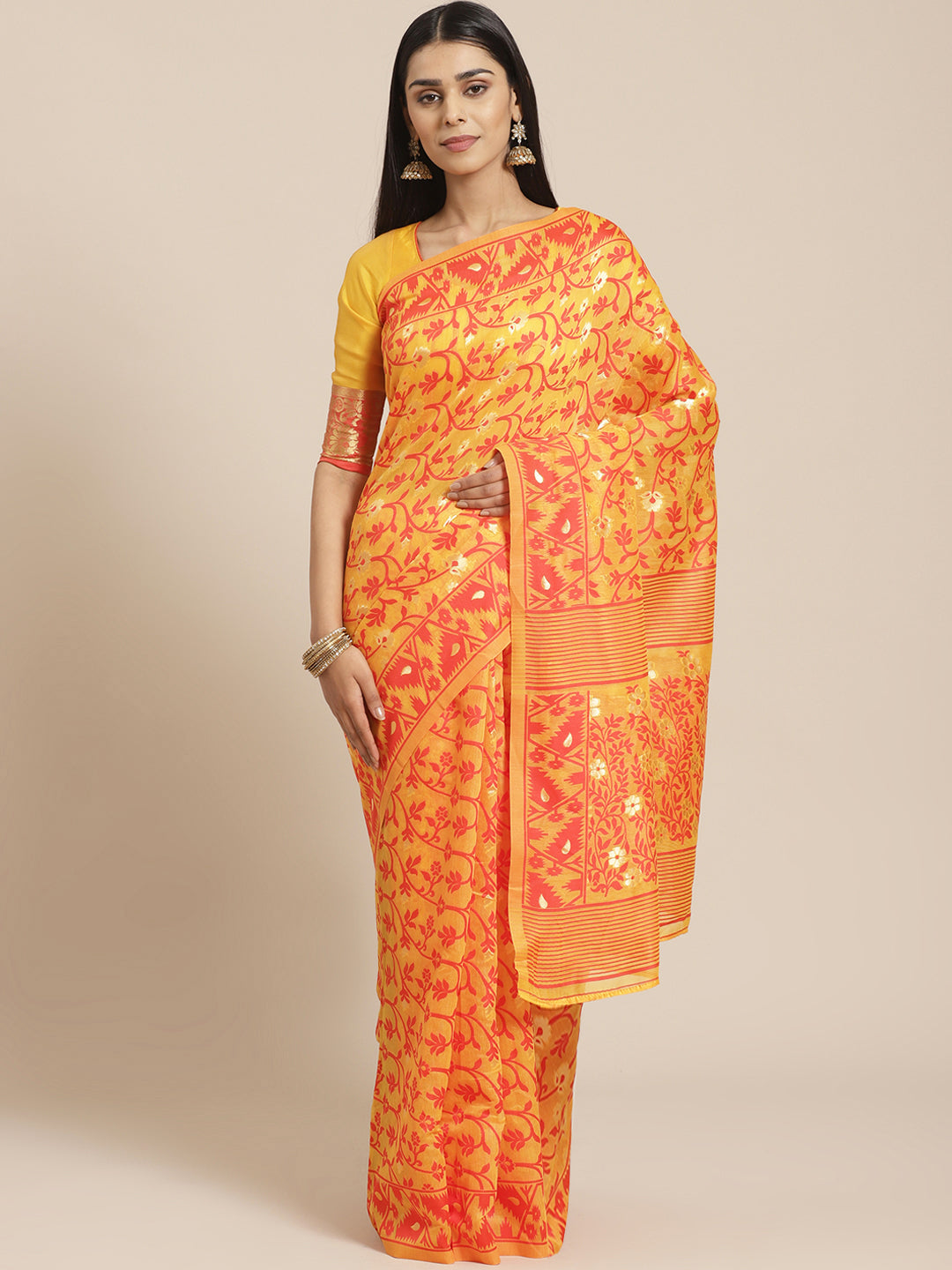 Handloom Chanderi Saree with Abstract woven pattern and Gold Zari weaving