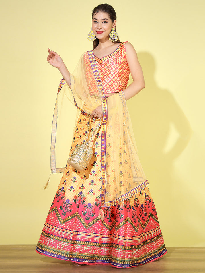 Chhabra 555 Floral Ombre Digital Print Crop Top Lehenga Set with Mirror Embellishment & Net Dupatta 