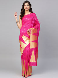 Chhabra 555 Magenta Banarasi Silk Handloom, Hand Woven, Motifs, Banarasi Zari Tample Border Saree  