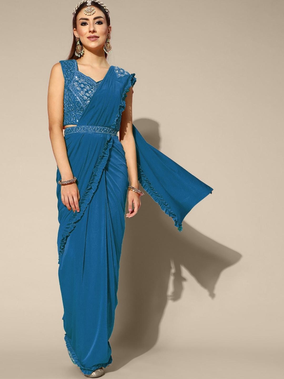 Chhabra 555 Blue Ruffled Pre-stitched Saree with Kundan Zircon Embroidered blouse and belt