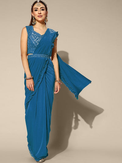 Chhabra 555 Blue Ruffled Pre-stitched Saree with Kundan Zircon Embroidered blouse and belt