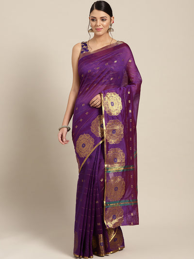Chhabra 555 Purple Chanderi Silk saree with Zari and Meenakari weaving in a floral pattern