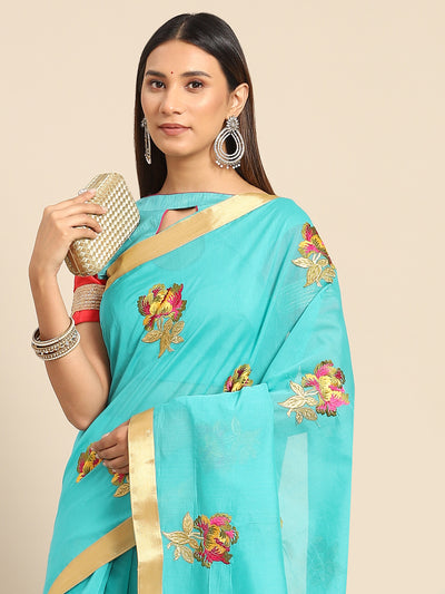 Chhabra 555 Turquoise Floral Resham Thread Embroidery Cotton Tussar Saree with Gold Zari Border