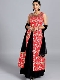 Pink & Black Raw Silk Hand Embroidered Long Jacket Lehenga With Net Dupatta