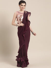 Draped Ruffled Pre-stitched Saree with Tassled Sequin Embroidered Crop Top Blouse