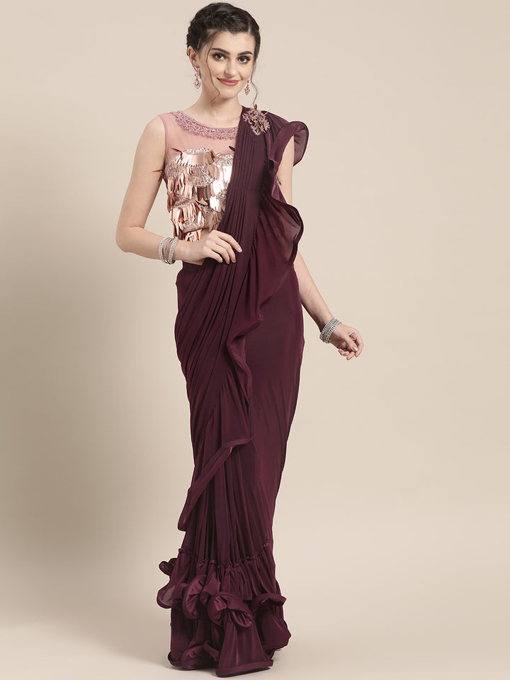 Draped Ruffled Pre-stitched Saree with Tassled Sequin Embroidered Crop Top Blouse