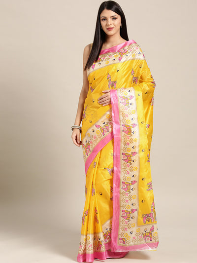 Chhabra 555 Yellow Pink Printed Bhagalpuri Saree with Bright animal and geometric motifs