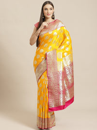 Banarasi Silk Blend Embossed Handloom Saree with Paisley Weaving & Contrast Border,Pallu