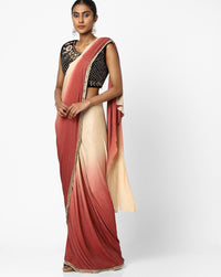 Beige-Rust Ruffled Ombre Saree & Ethnic Embroidered Velvet Blouse