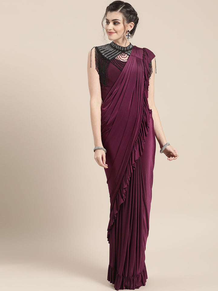 Draped Ruffled Pre-stitched Saree with Tassled Jeweled Neckpiece