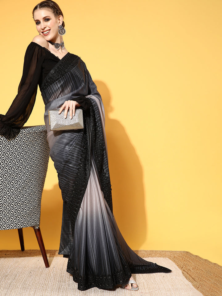 Chhabra 555 Black Scalloped Embellished Lace Border Georgette Saree with ombre Two Tone effect