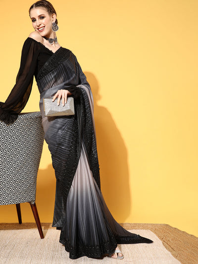 Chhabra 555 Black Scalloped Embellished Lace Border Georgette Saree with ombre Two Tone effect