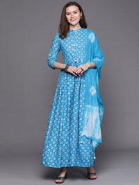 Blue ikat Printed Anarkali Kurta & Bandhani Dupatta
