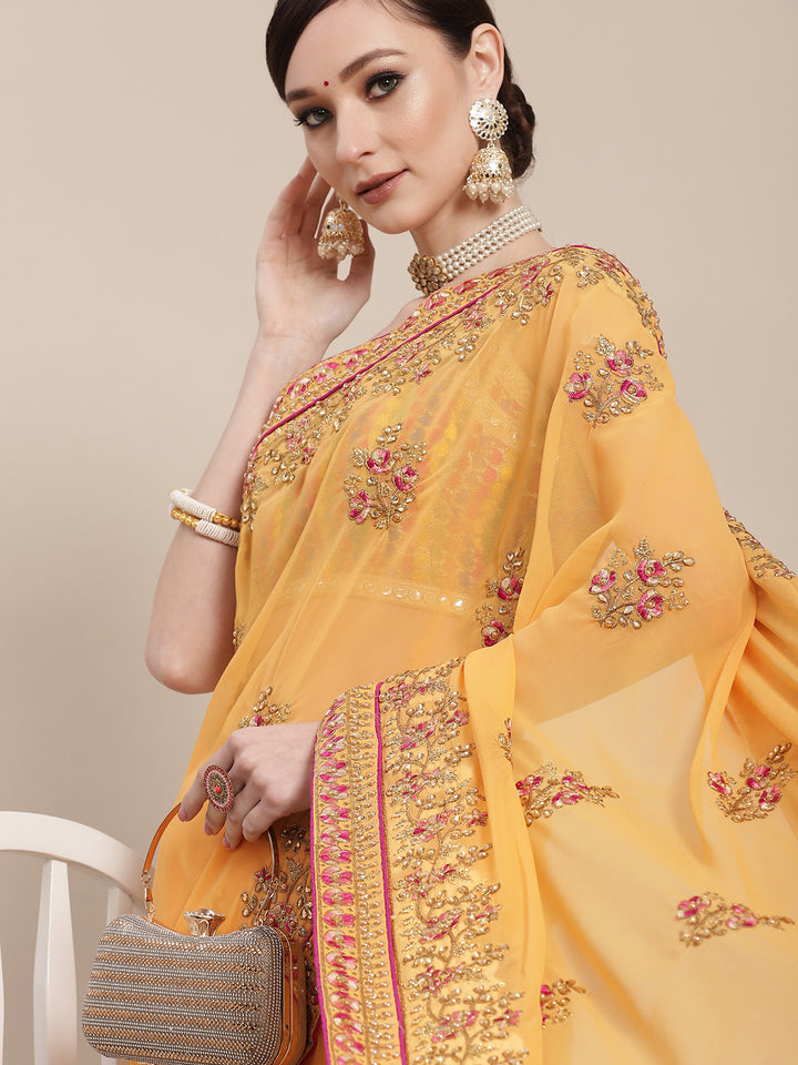 Chhabra 555 Mustard Resham & Zari Embroidered Georgette Stone Work Embellish Saree