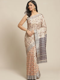 Beige Handloom Half-and-Half Saree with Kantha embroidered pallu and Ethnic Indie Print