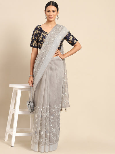 Chhabra 555 Grey White Resham thread Embroidery Embellished Chanderi Cotton Saree with Tassels 