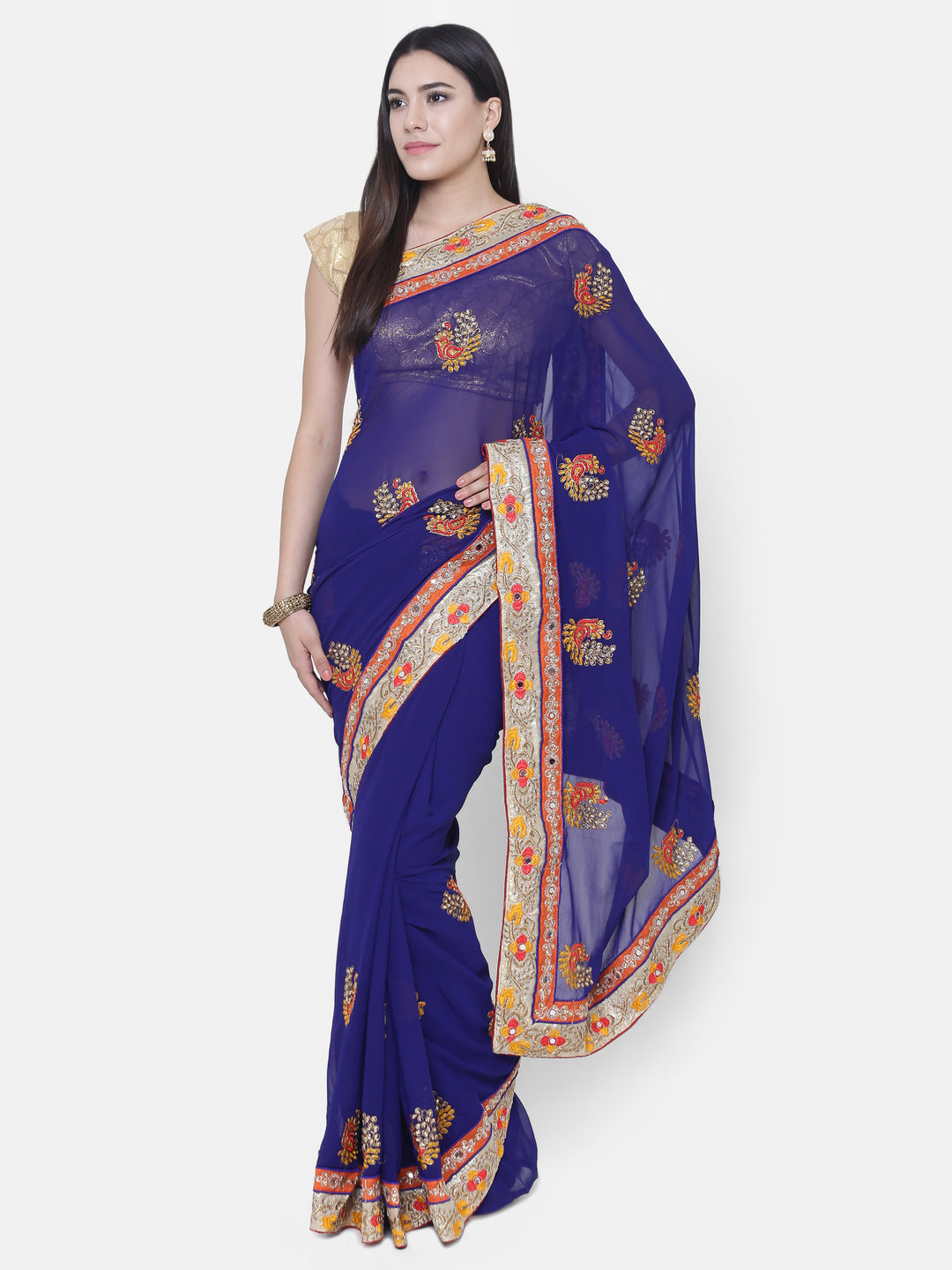Chhabra 555 Royal Blue Georgette Saree With Multicolor Resham Embroidery, Peacock motifs and crystal embellishments
