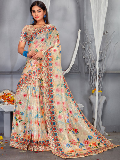 Chhabra 555 Beige Sequin Embroidered saree with Digital Multicolor Floral Print