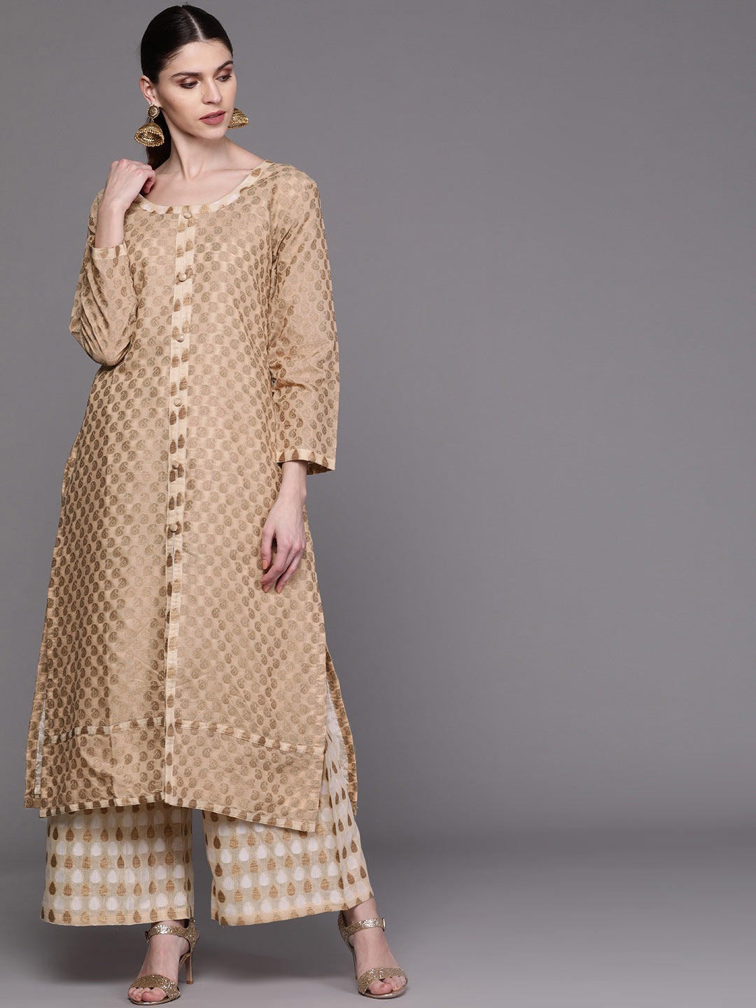 Chhabra 555 Made to Measure Chanderi Jacket style Kurta Pallazo Set With Zari Resham Weaving