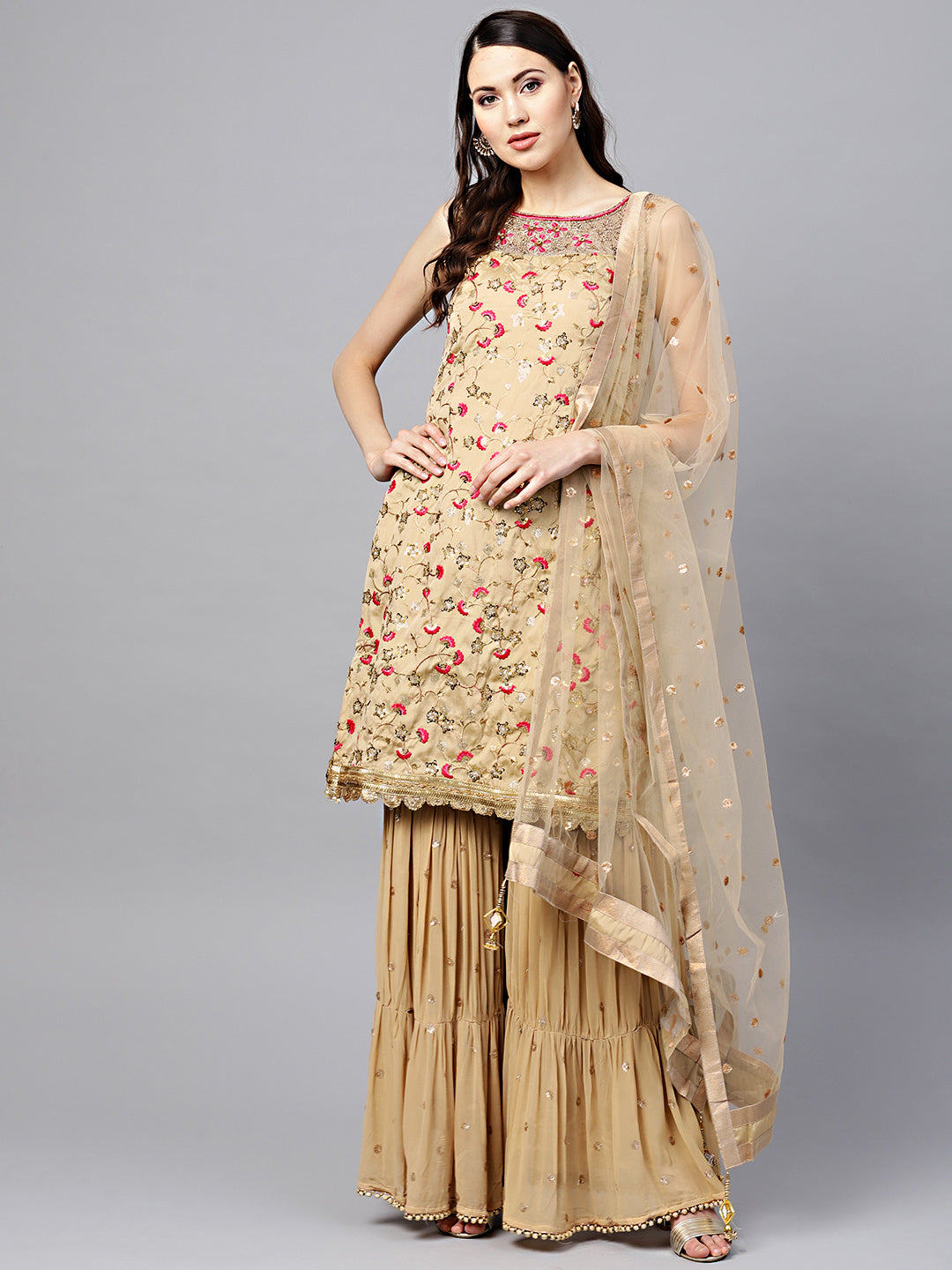 Chhabra 555 Made to Measure Beige Kurta Sharara Set with Floral Zari Sequin Embroidery