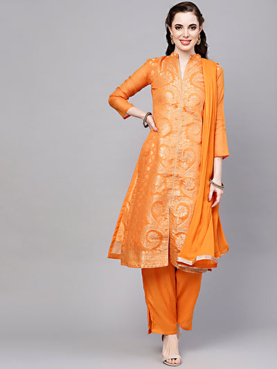 Chhabra 555 Mustard Banarasi Handloom Dress Material with Zari Weaving and Chiffon dupatta